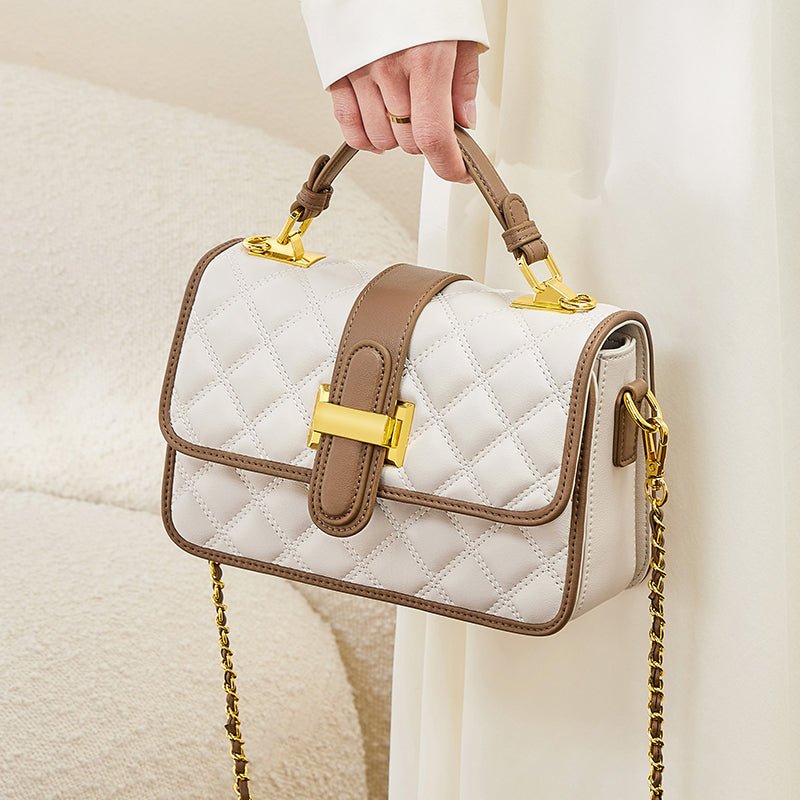 White Quilted Leather Satchel Bag with Gold Chain Strap
